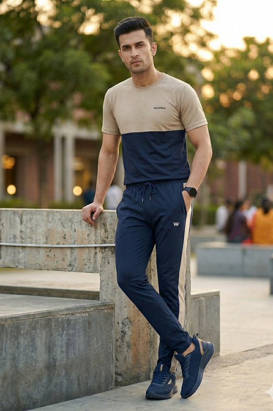 Menβs Navy & Beige Slim Fit Tracksuit β Premium Casual Sportswear