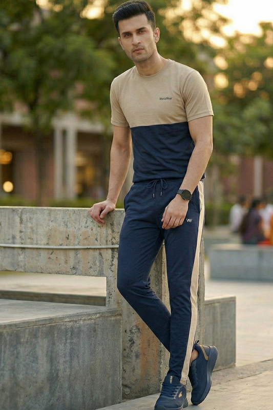 Men’s Navy & Beige Slim Fit Tracksuit – Premium Casual Sportswear